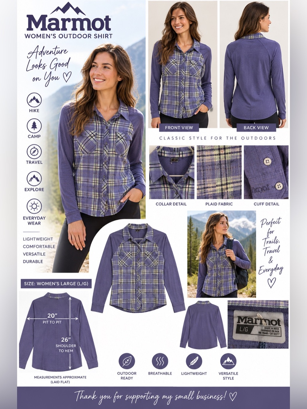 Marmot Women’s Large Purple Plaid Long Sleeve Outdoor Hiking Button Shirt